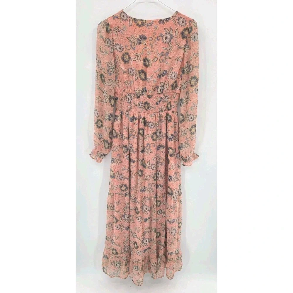 Fairy Cottagecore Tiered Babydoll Maxi‎ Dress Small Pink Floral Smocked Ruffles